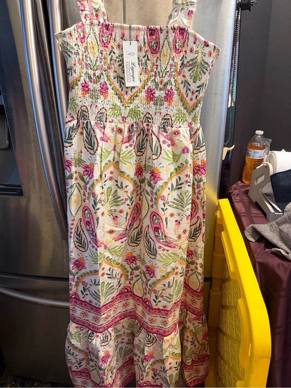 Smocked Floral Maxi Dress with Pink & Green Print